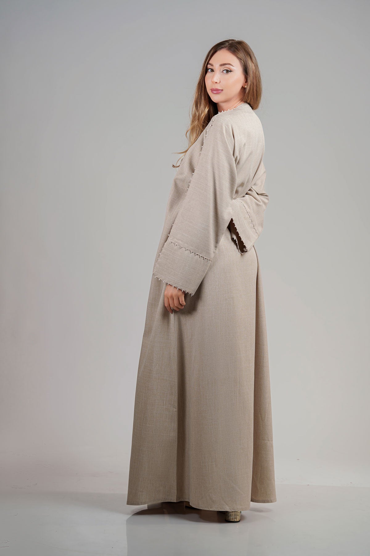 Beige Beads embellished abaya right side