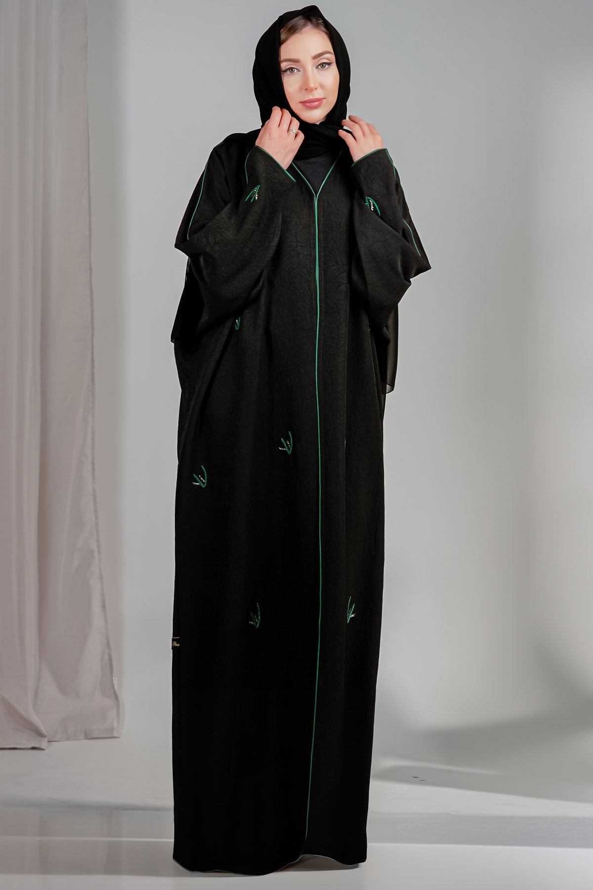 Black Bahraini Abaya with Green Embroidery