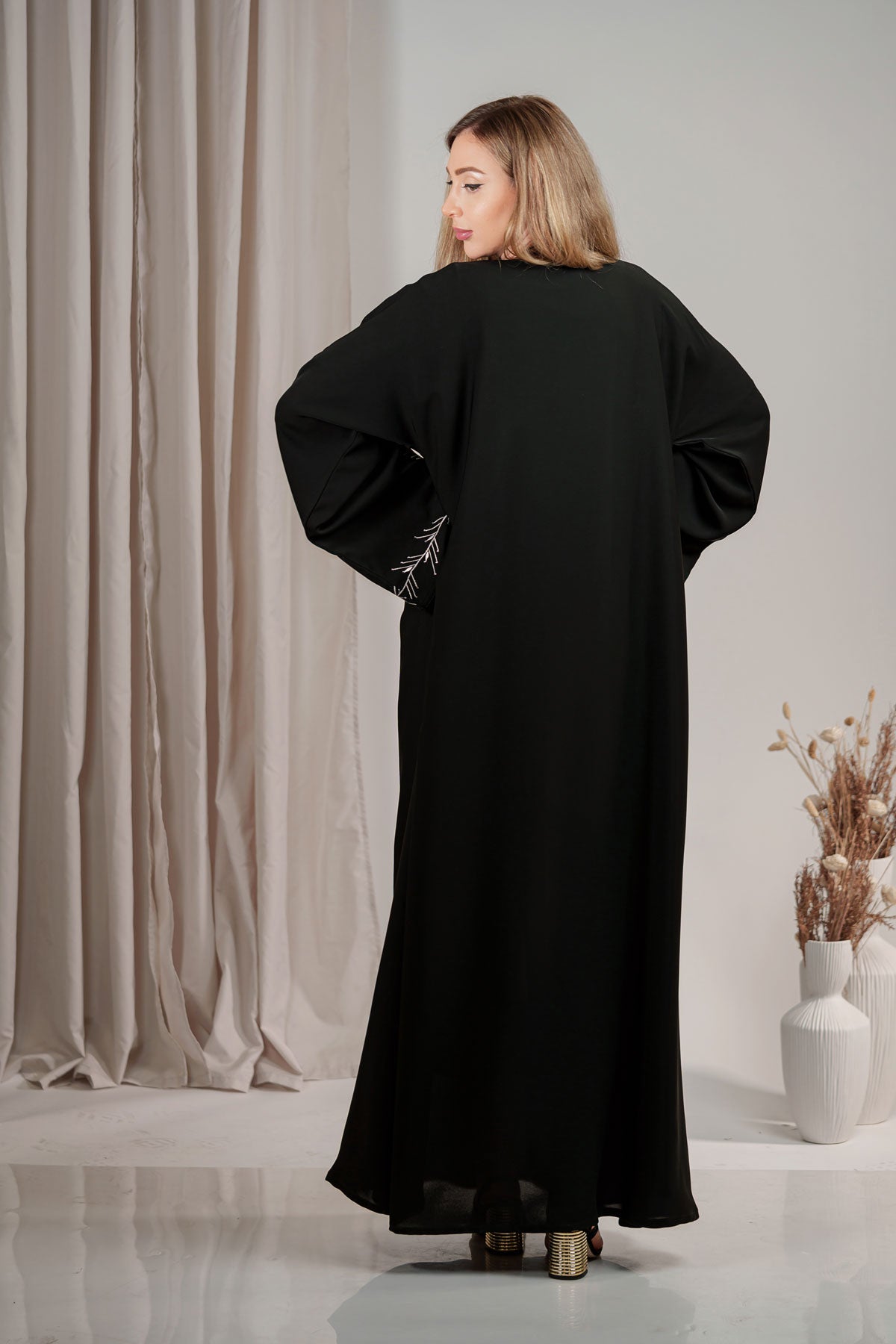Black Abaya with Intricate White Embroidery back side