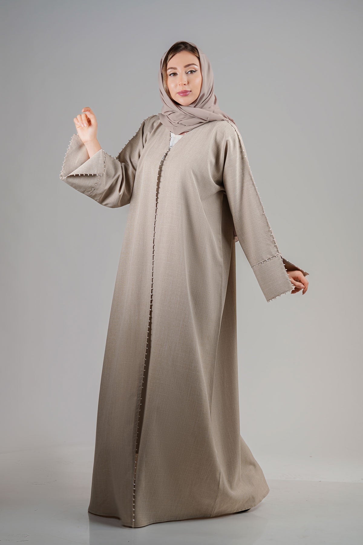 Beige Beads embellished abaya front side