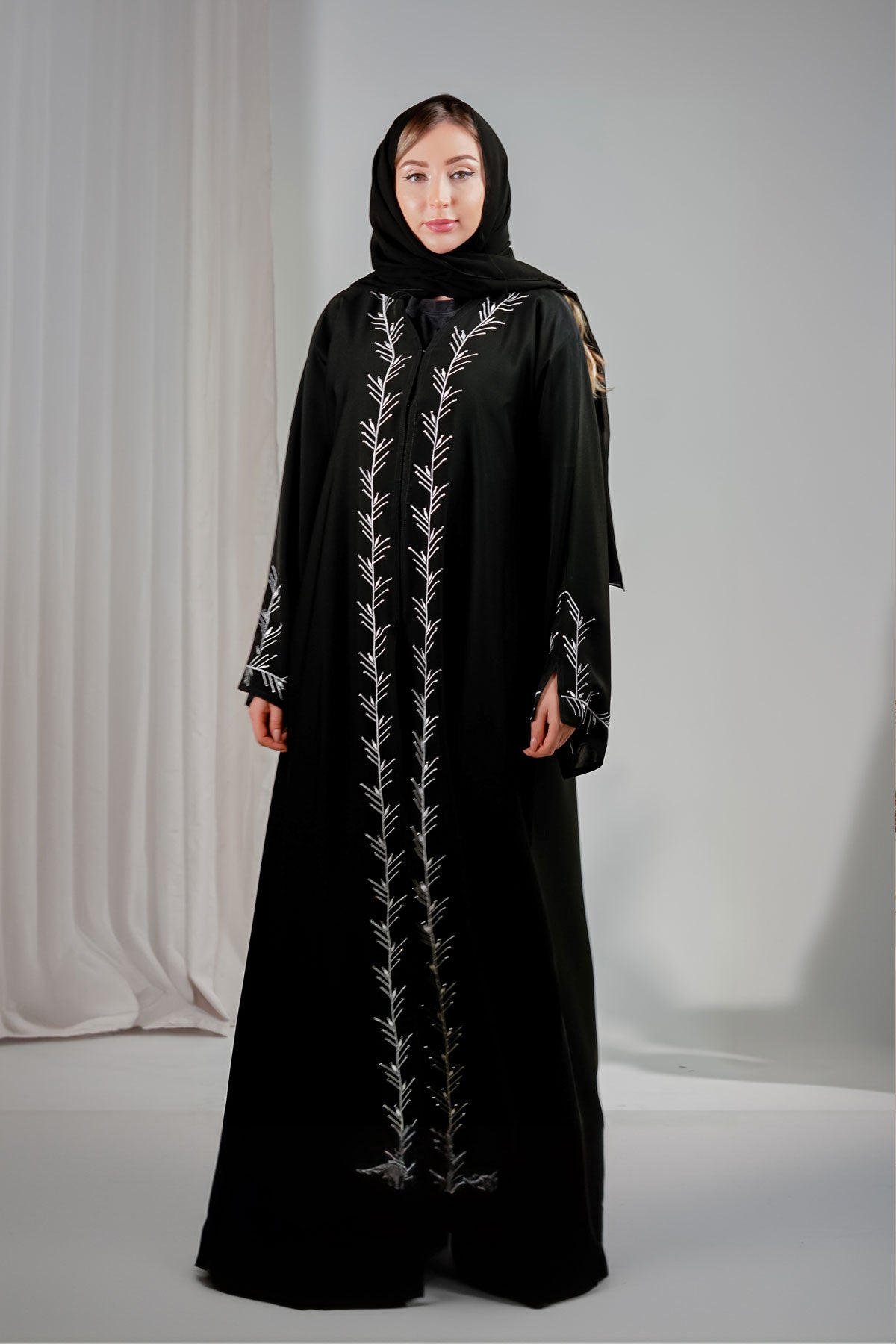 Black Abaya with Intricate White Embroidery front side