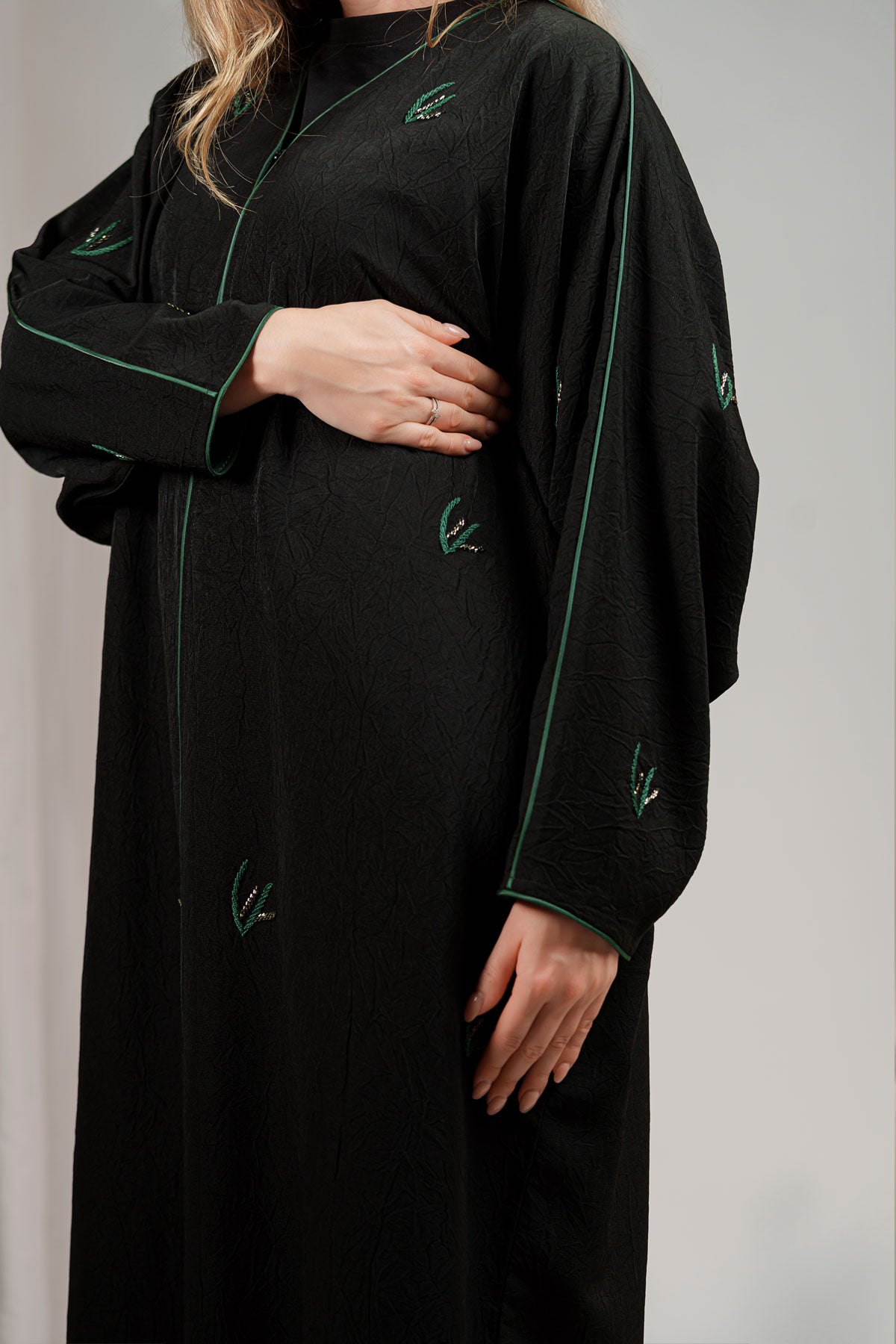 Black Bahraini Abaya with Green Embroidery side