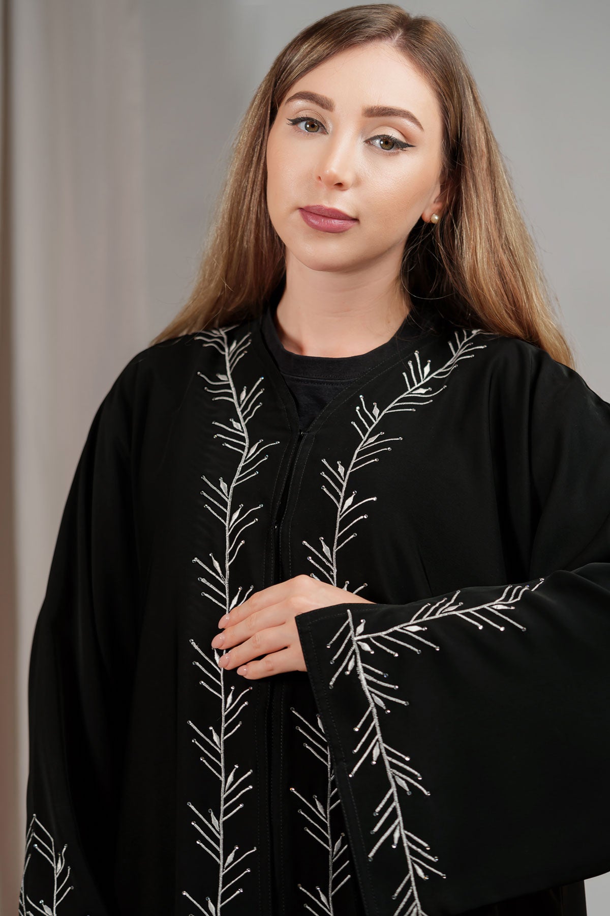 Black Abaya with Intricate White Embroidery for women