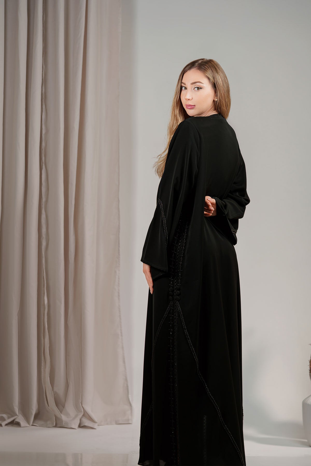 Abaya with Exquisite Black Bead Embellishments