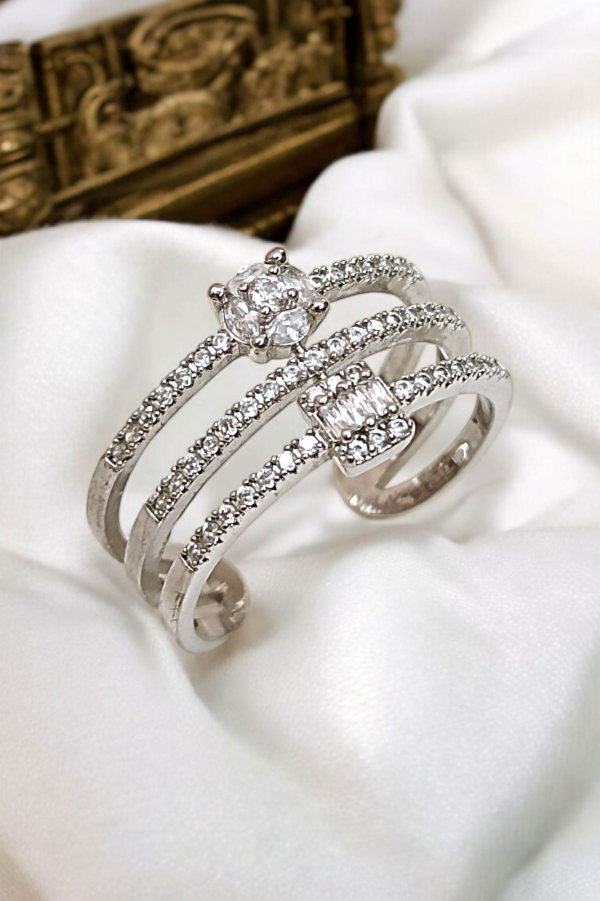 Zirconia Silver 3 Bands Adjustable ring