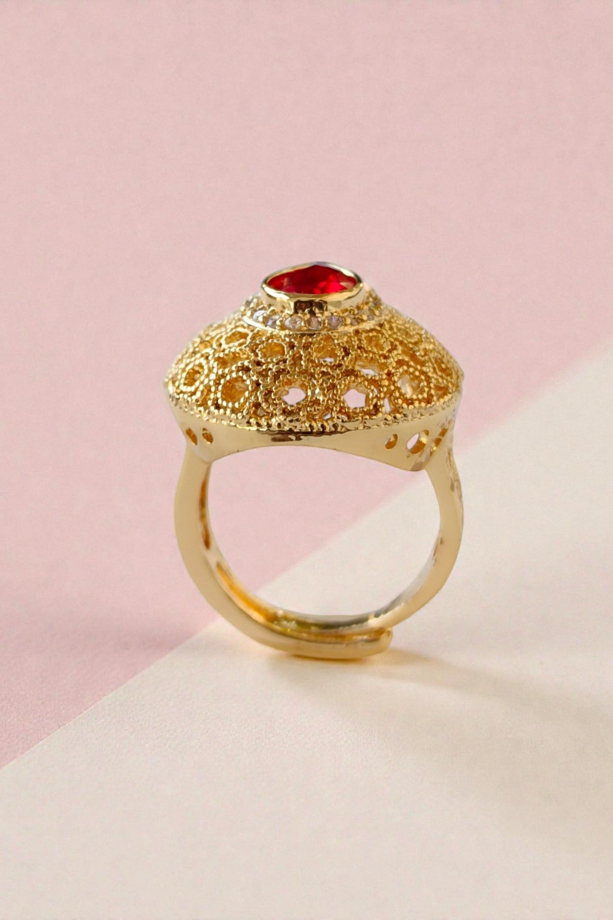 Teardrop Red Stone Filigree Statement Ring