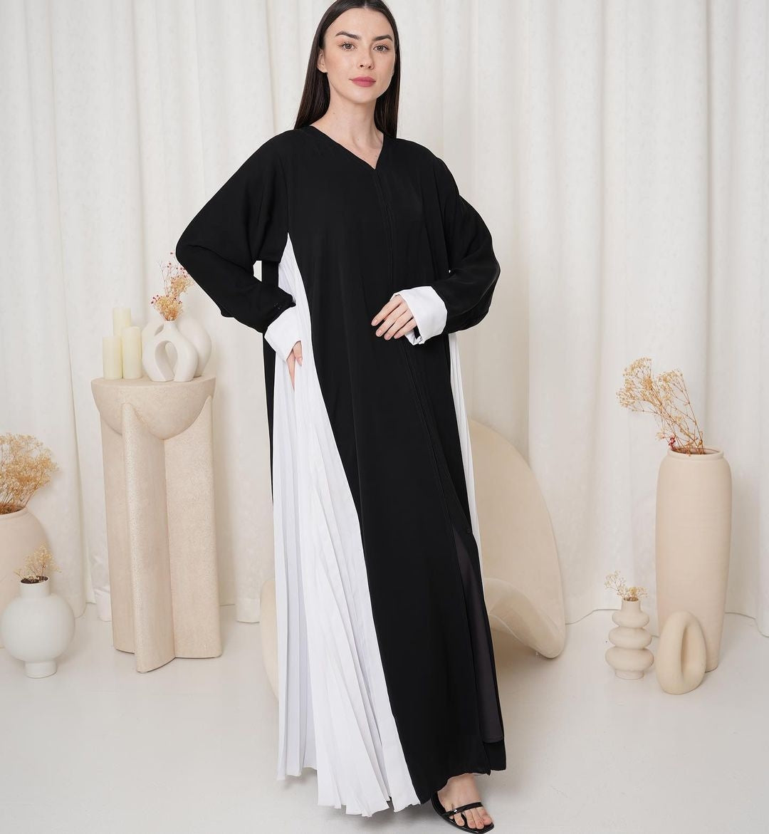 Dual Color Pleated Modest Abaya Dress