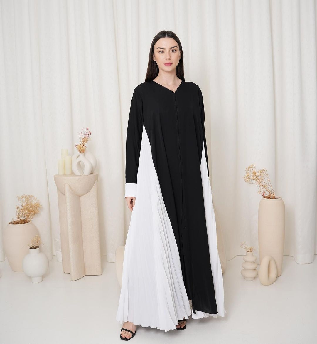 Dual Color Pleated Modest Abaya Dress For Women
