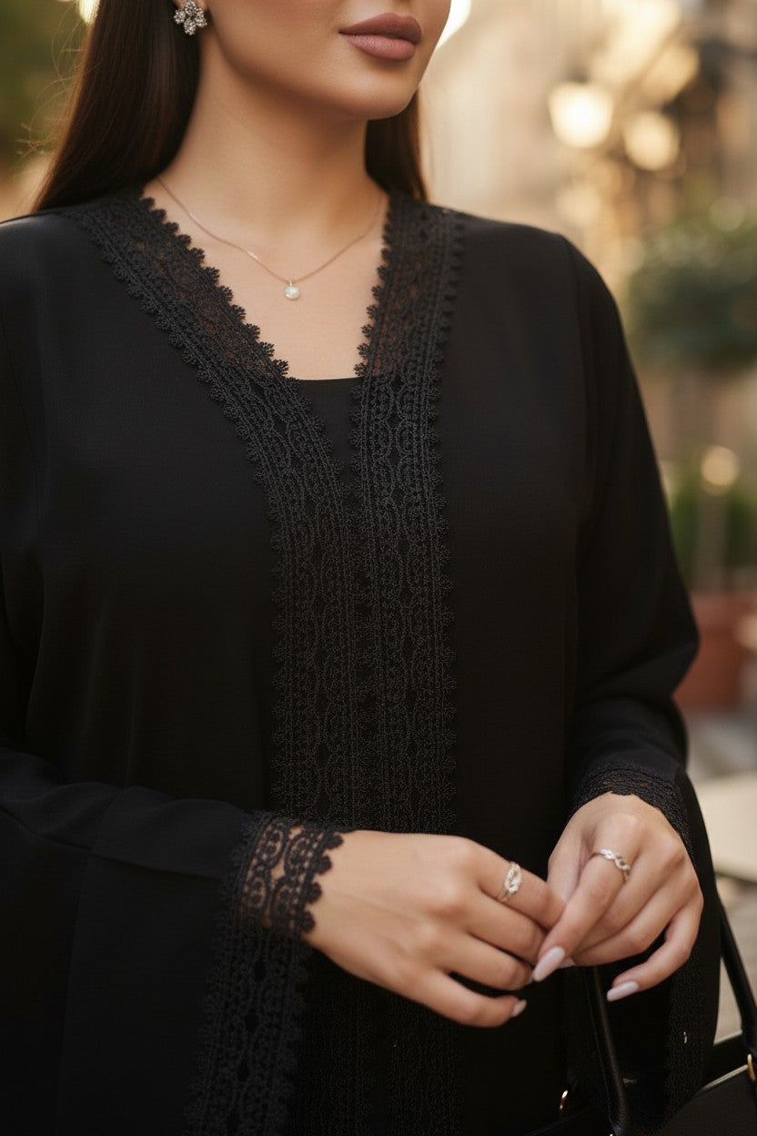 Classic Black Lace Open Abaya