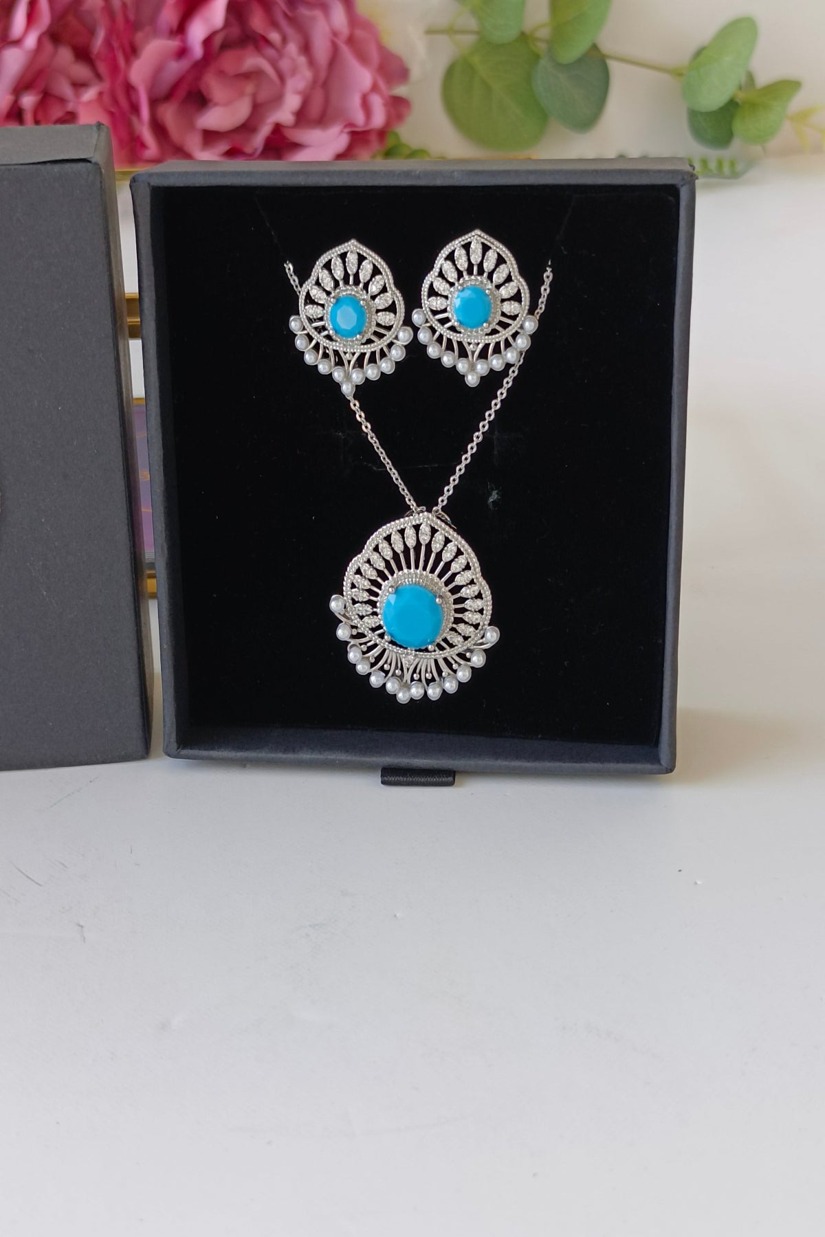 Silver firoza pendant set