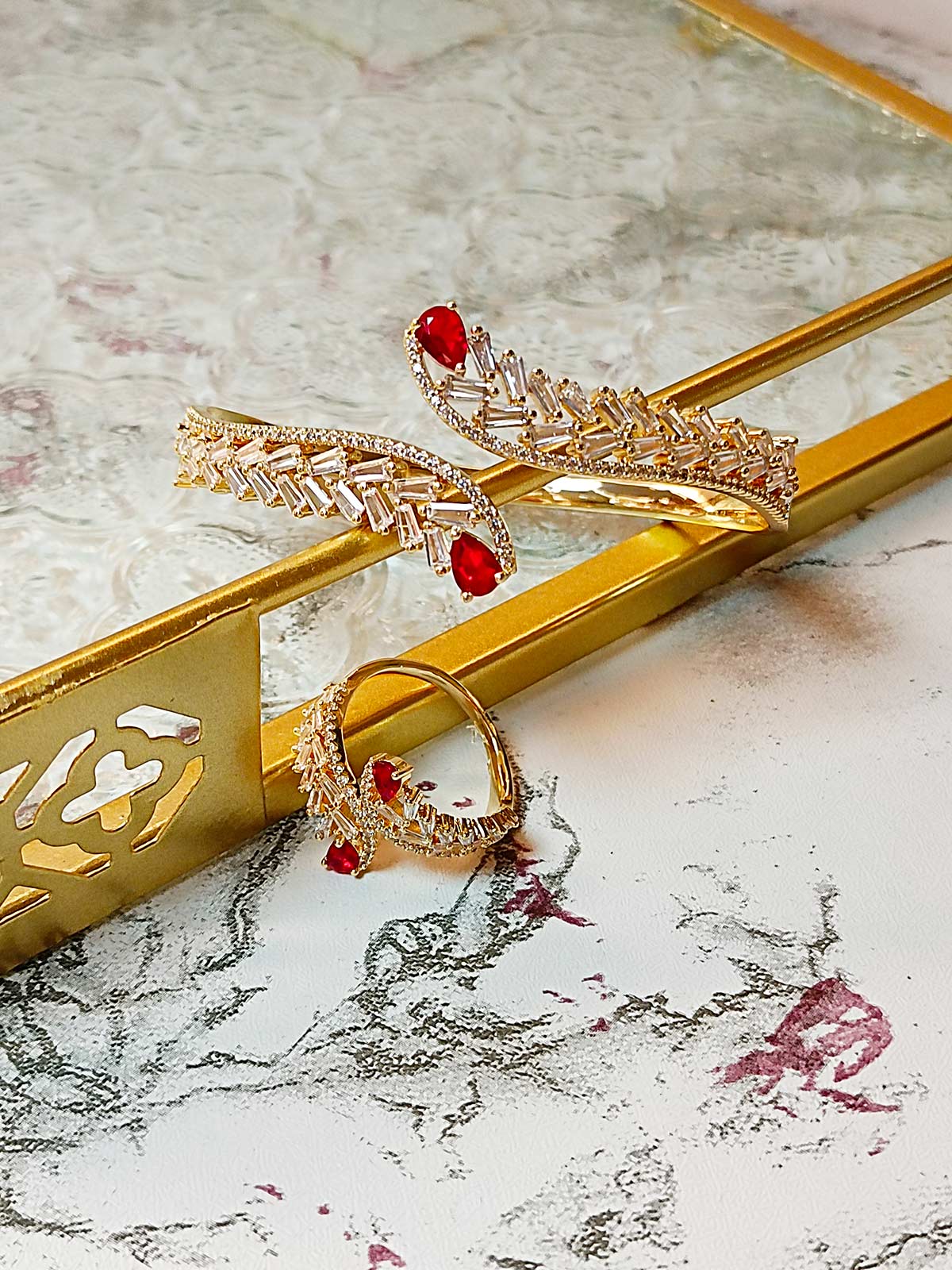 Luxurious Zircon Studded Cuff and Ring Set for women