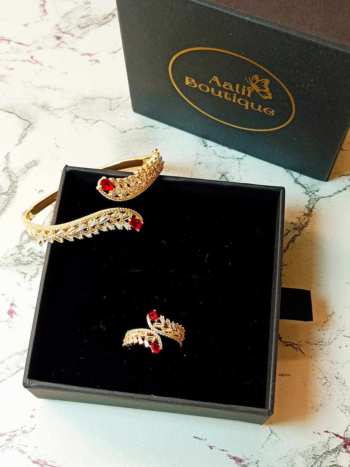 Zircon Studded Cuff and Ring Set