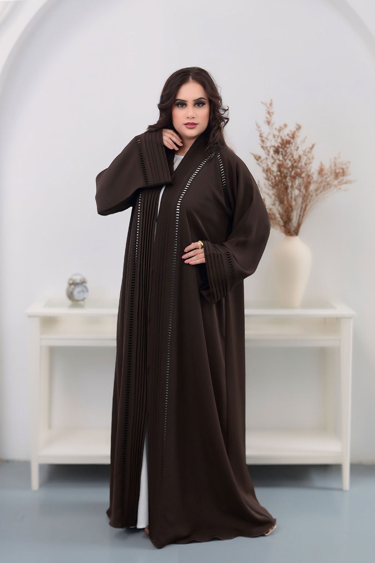 Women's Brown Pleated Abaya with Detailed Lace Inserts