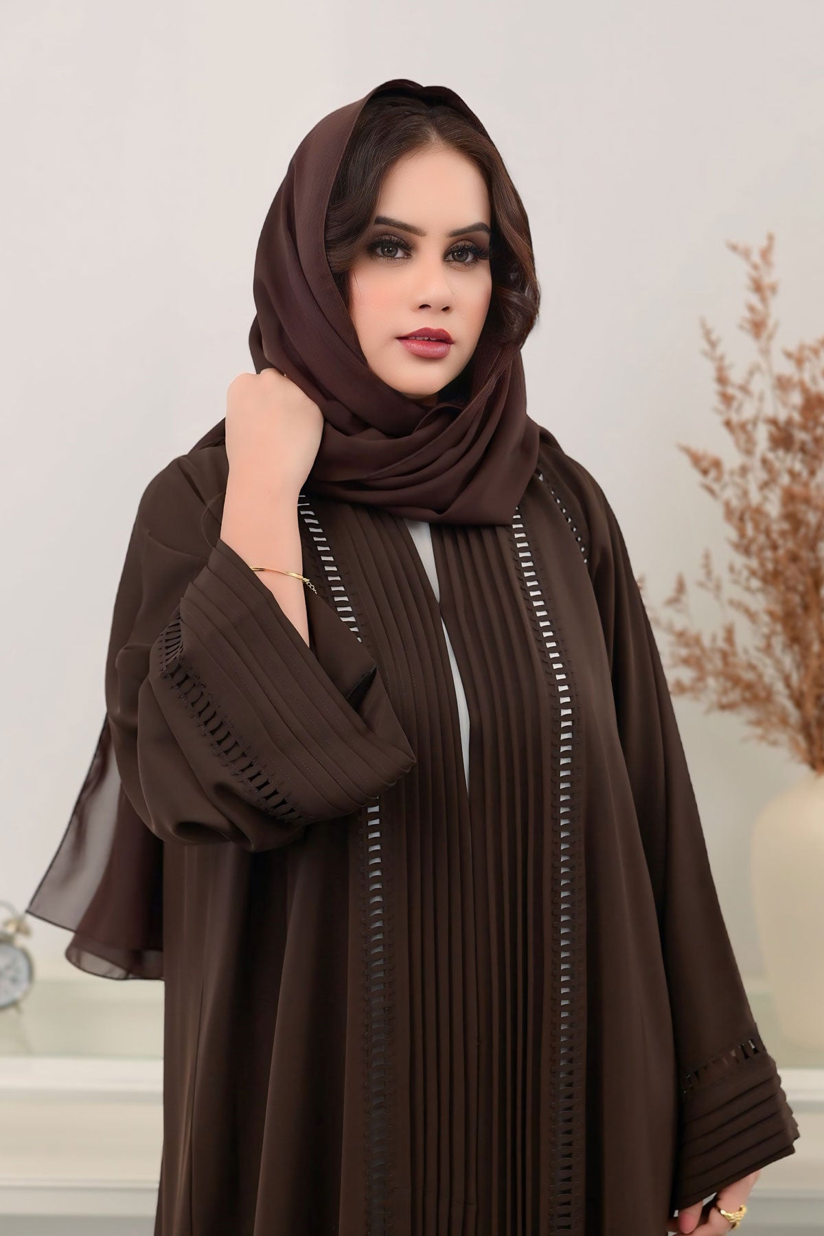 Brown Pleated Abaya with Detailed Lace Inserts for women