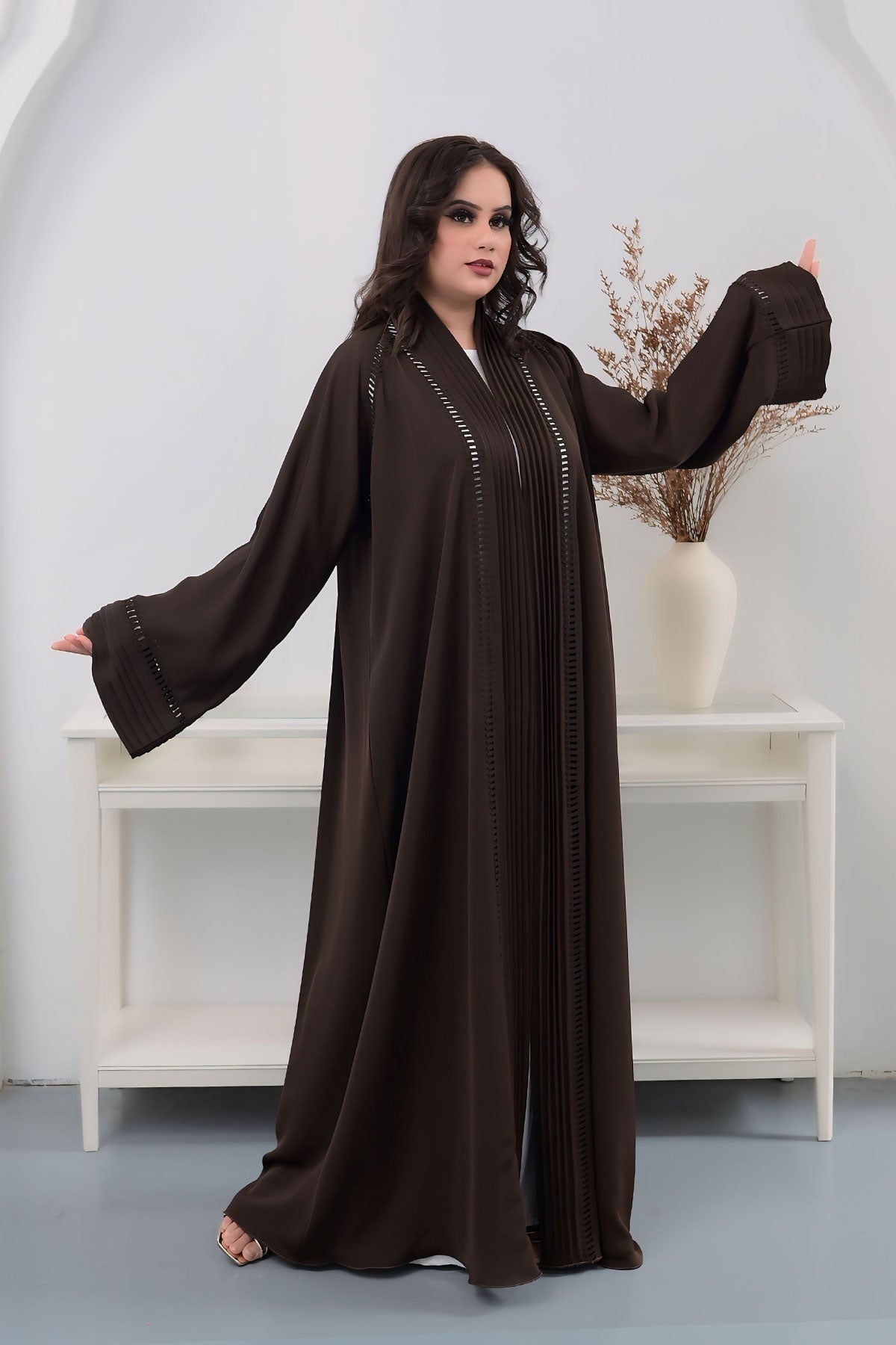 Brown Pleated Abaya with Detailed Lace Inserts right side