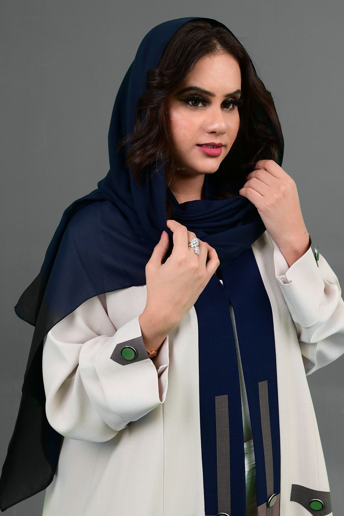 Cream Open Abaya with Navy Accents & Functional Pockets with sheila