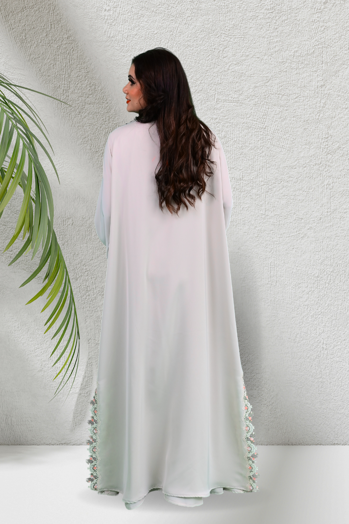 Floral Applique Abaya - Cream color abaya back side