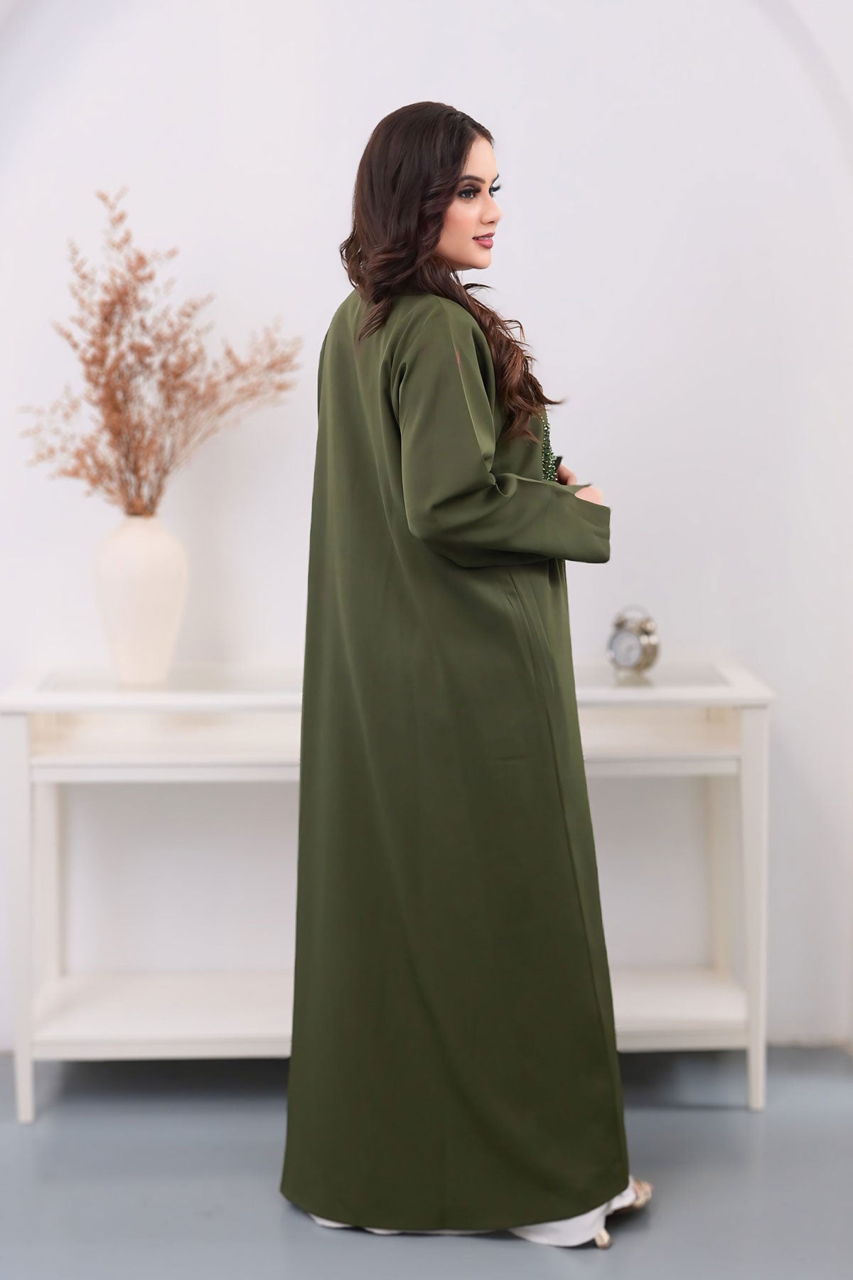 women's Green Abaya with Bead Embellishments
