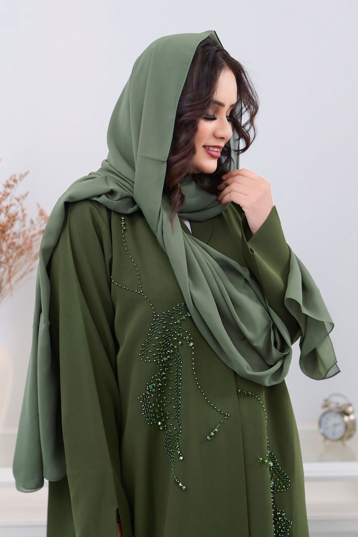 Green Abaya for women with Bead Embellishments