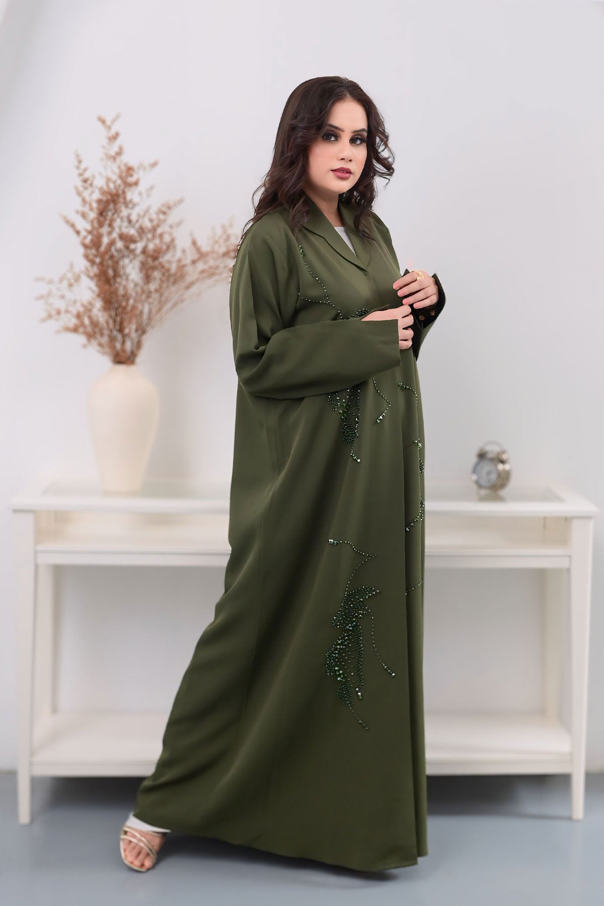 Green Abaya with Bead Embellishments for women