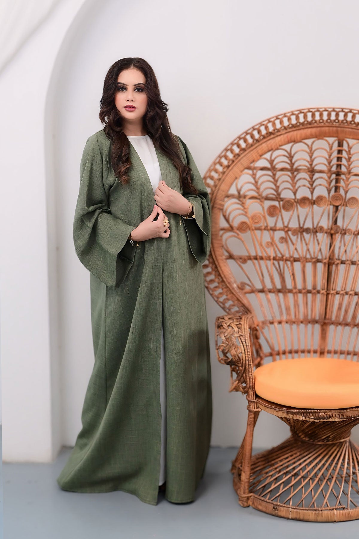 Olive Green Bisht Abaya with Matching Inner Dress for women