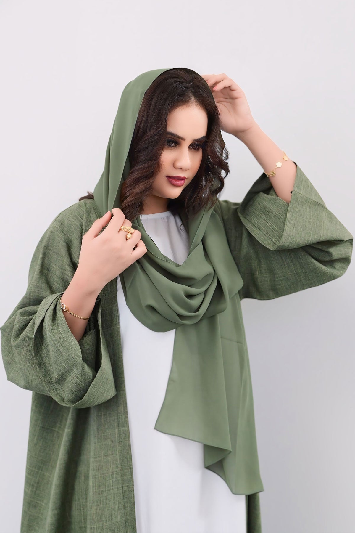 Olive Green Bisht Abaya with Matching Inner Dress