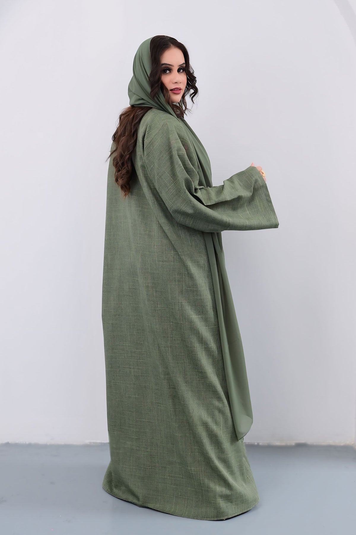 Olive Green Bisht Abaya with Matching Inner Dress back side