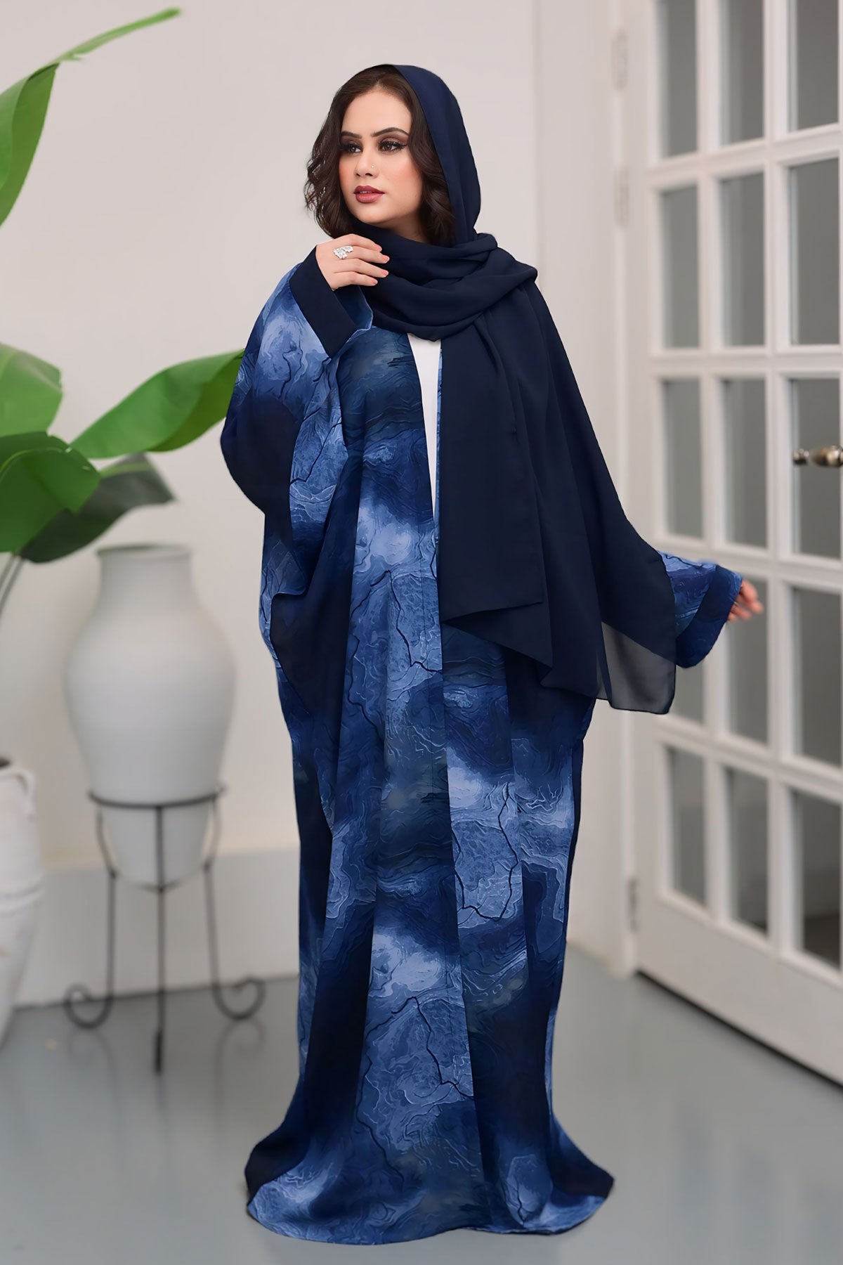 Blue asymmetric bahrini bisht women abaya
