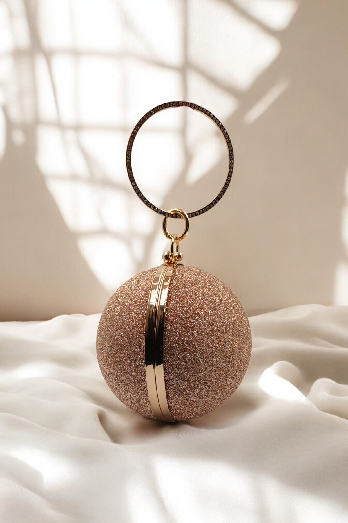 Glittering Gold Round Evening Clutch with Bracelet Handle