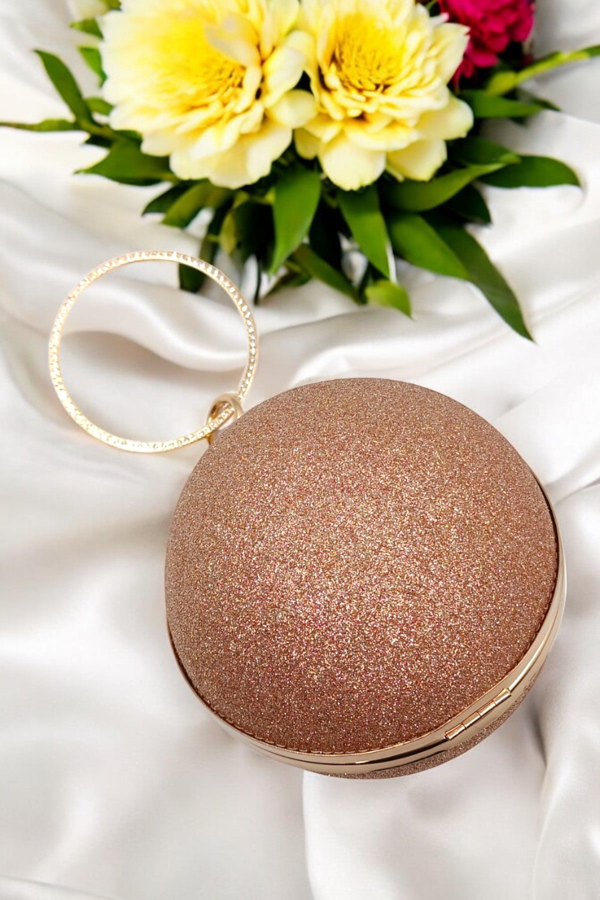 Glittering Gold Round Clutch with Bracelet Handle