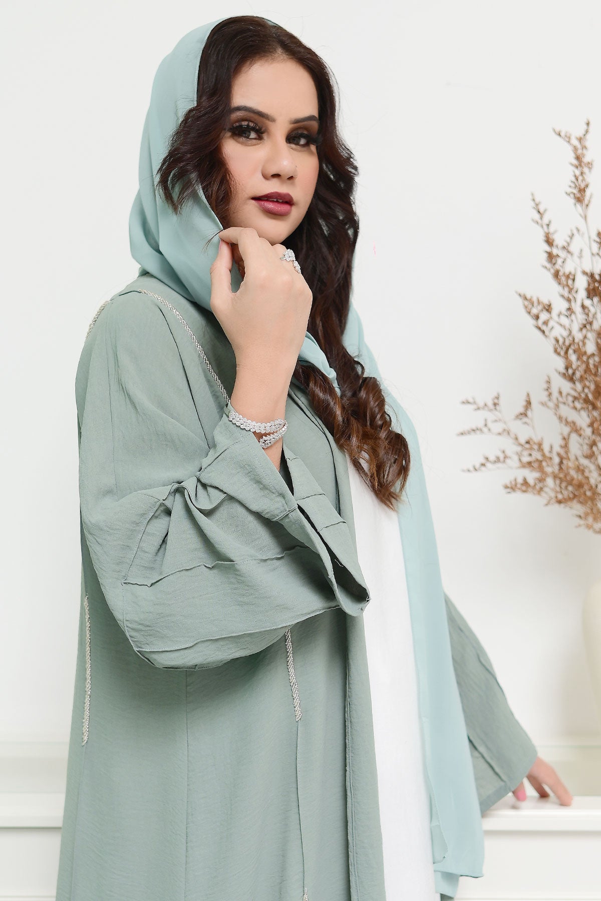 Sage Green beads embellished Open Abaya for women