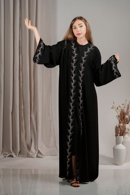 Black Abaya with Intricate White Embroidery