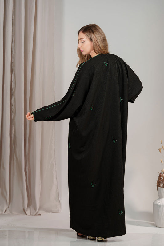 Black Bahraini Abaya with Green Embroidery back side