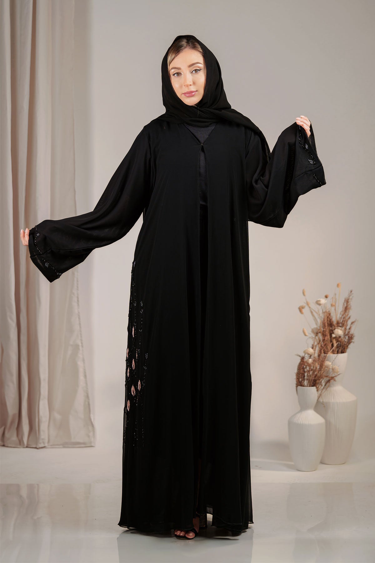 Pink and Black Embroidery Abaya in UAE