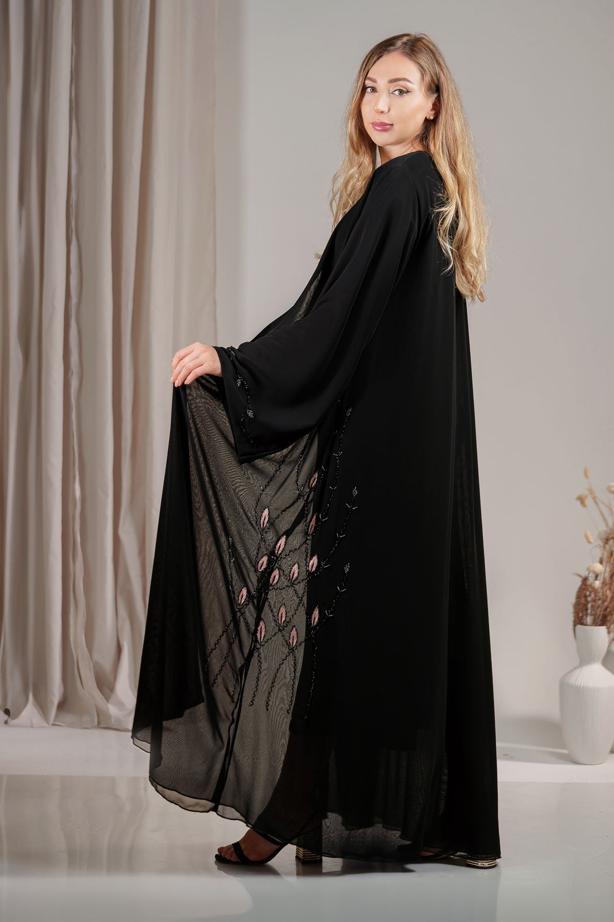 New Model Pink and Black Embroidery Abaya