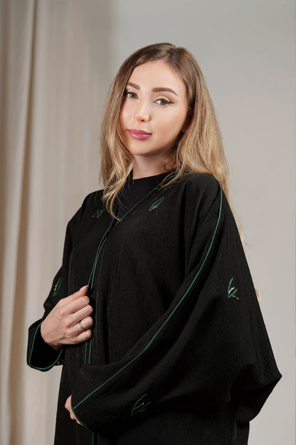 Black Bahraini Abaya with Green Embroidery