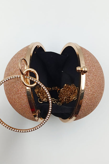 Glittering Gold Round Evening Clutch with Bracelet Handle