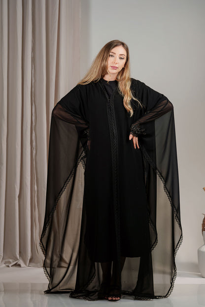 Black Farasha Sheer Abaya with Intricate Lace Trim