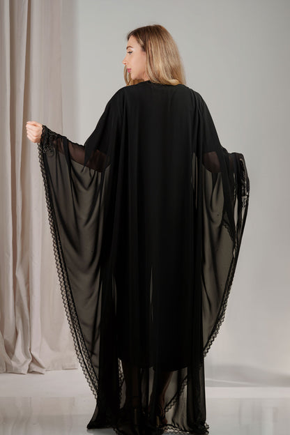 Black Farasha Sheer Abaya with Intricate Lace Trim backview