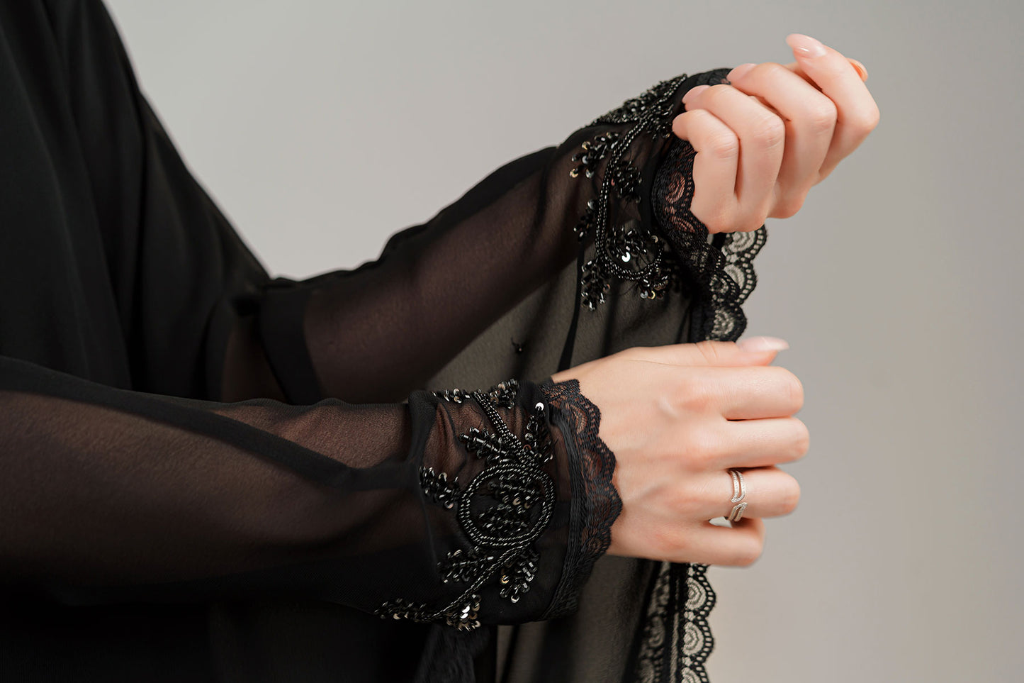 Black Farasha Sheer Abaya with Intricate Lace Trim closeview