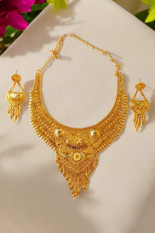 Traditional Gold Plated Bridal Necklace and Earring Set with Delicate Detailing