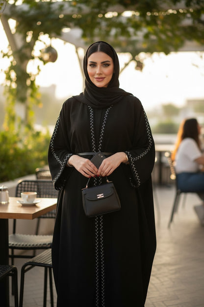 Elegant Black Embroidered Open Abaya