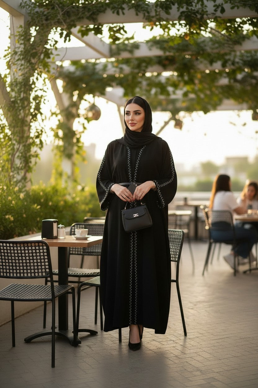 Elegant Black Embroidered Open Abaya