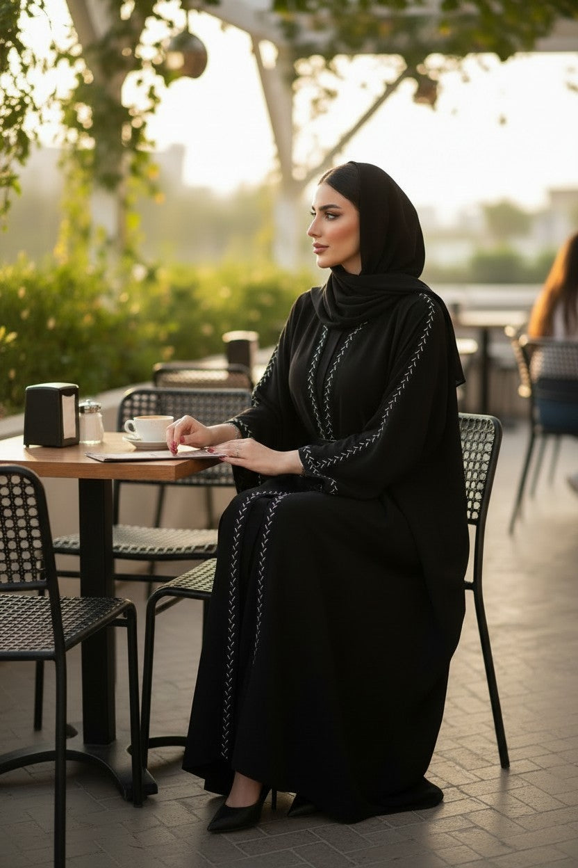 Elegant Black Embroidered Open Abaya
