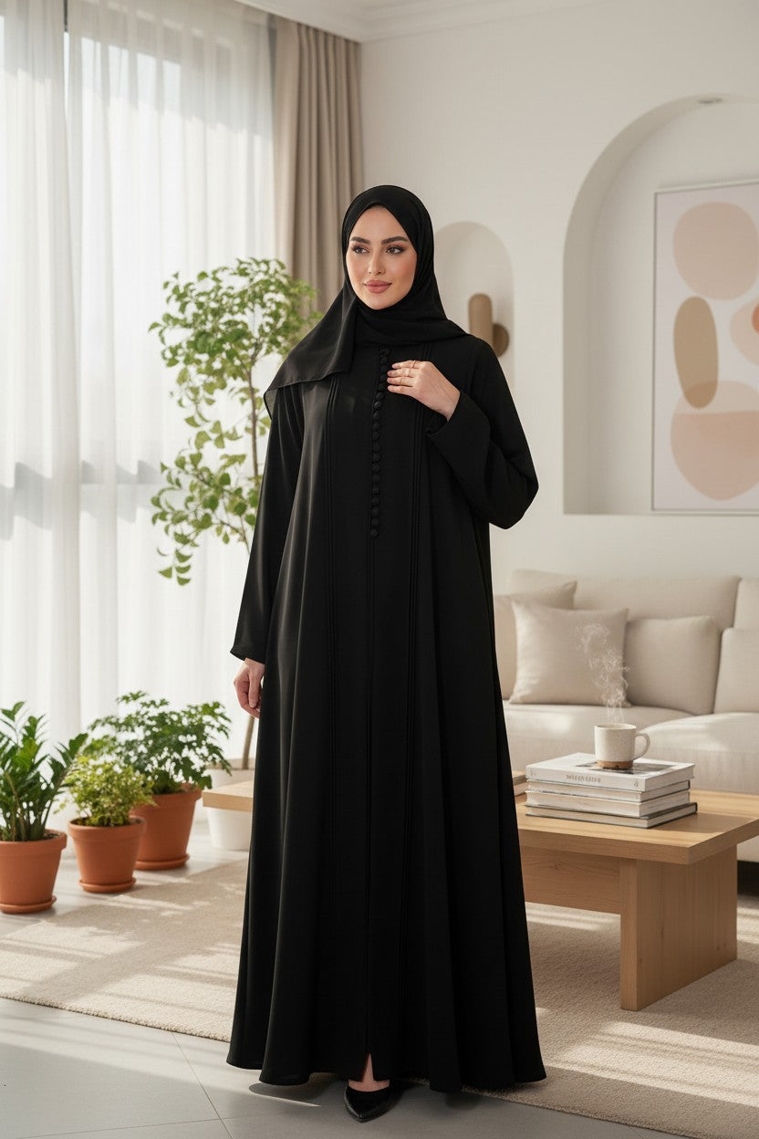 Classic Black Pleated Abaya with Button Details