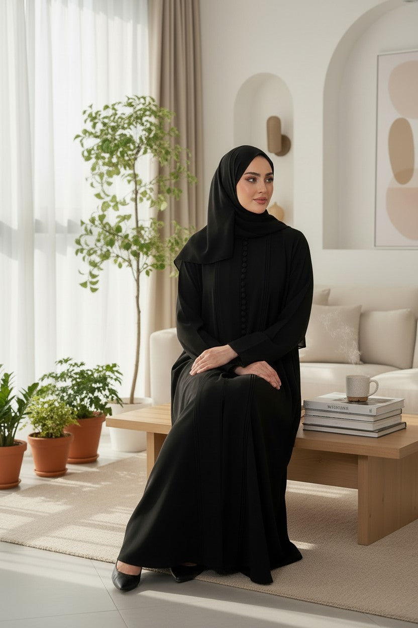 Classic Black Pleated Abaya with Button Details
