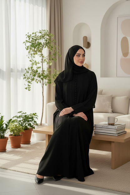 Classic Black Pleated Abaya with Button Details