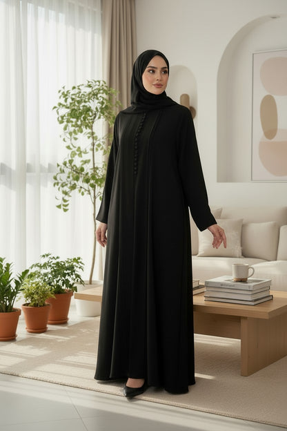 Classic Black Pleated Abaya with Button Details
