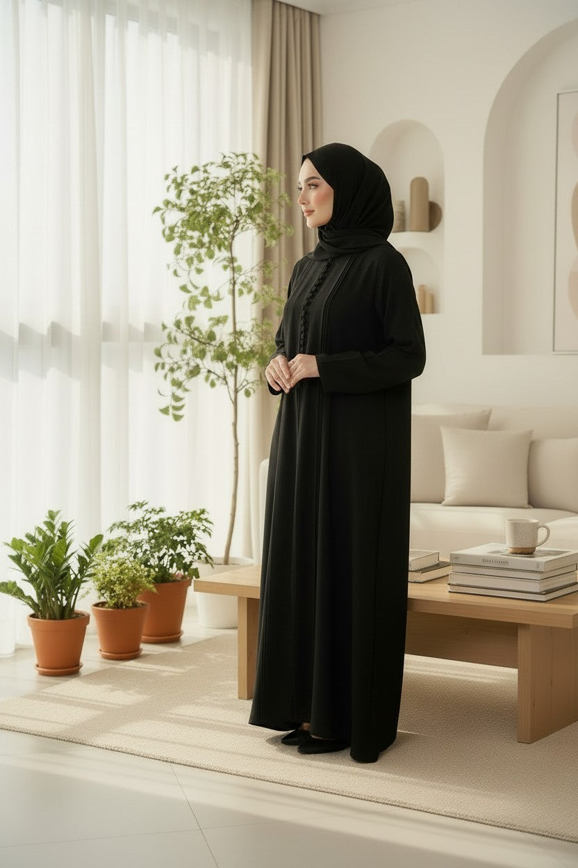 Classic Black Pleated Abaya with Button Details