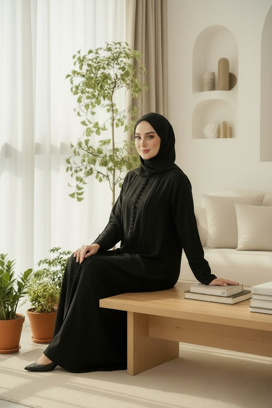 Classic Black Pleated Abaya with Button Details